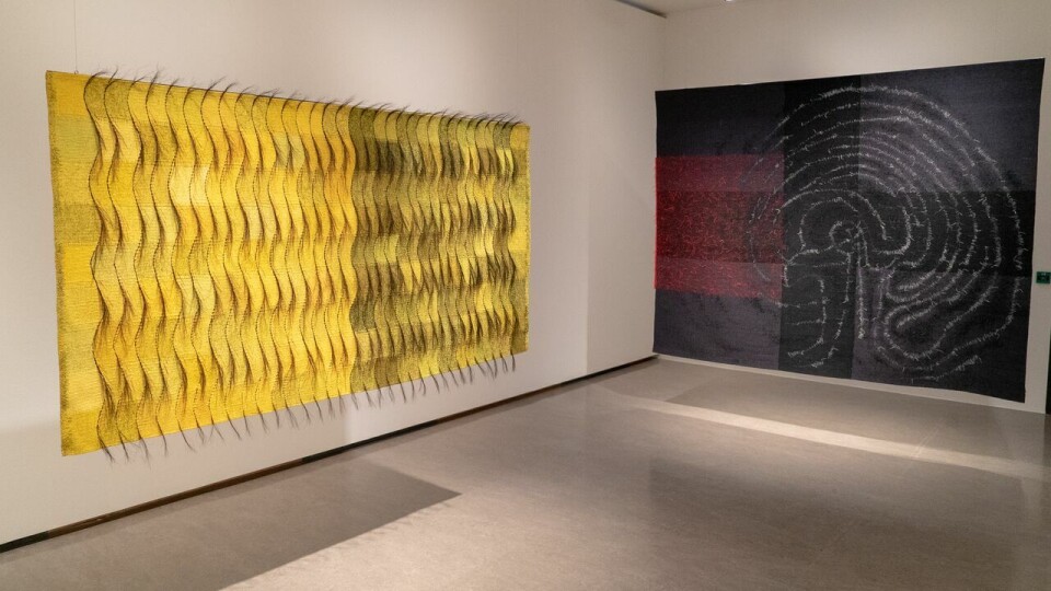 Aslaug M. Juliussen, Høstdagen glir forbi (1992) og Sammenstøt (1997). Foto: Kjetil Rydland/Nordnorsk Kunstmuseum Aslaug M. Juliussen, Høstdagen glir forbi (1992) og Sammenstøt (1997). Foto: Kjetil Rydland/Nordnorsk Kunstmuseum