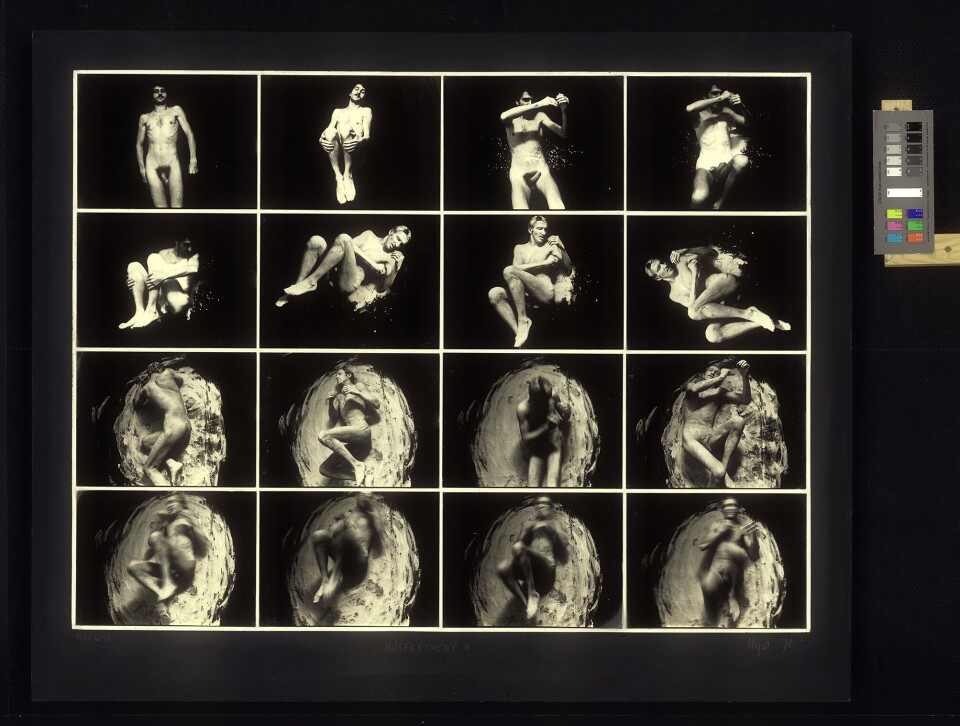 Tibor Hajas, Húsfestménu III (Flesh Painting No. 3), 1978. Sølvgelatin-print og dispersjonsmaling på tre. Lån fra Ludwig Museum – Museum of Contemporary Art, Budapest. Tibor Hajas, Dániel Jázon Frankl og BONO 2019. Foto: János Vetö