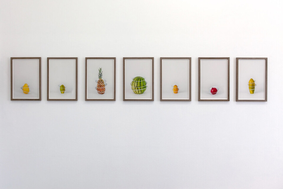 Fruit Plates – Thoughts on stacking, 2017. 21 cm x 36 cm, (8 digital printed photographs). Foto: Audun Alvestad Fruit Plates – Thoughts on stacking, 2017. 21 cm x 36 cm, (8 digital printed photographs). Foto: Audun Alvestad
