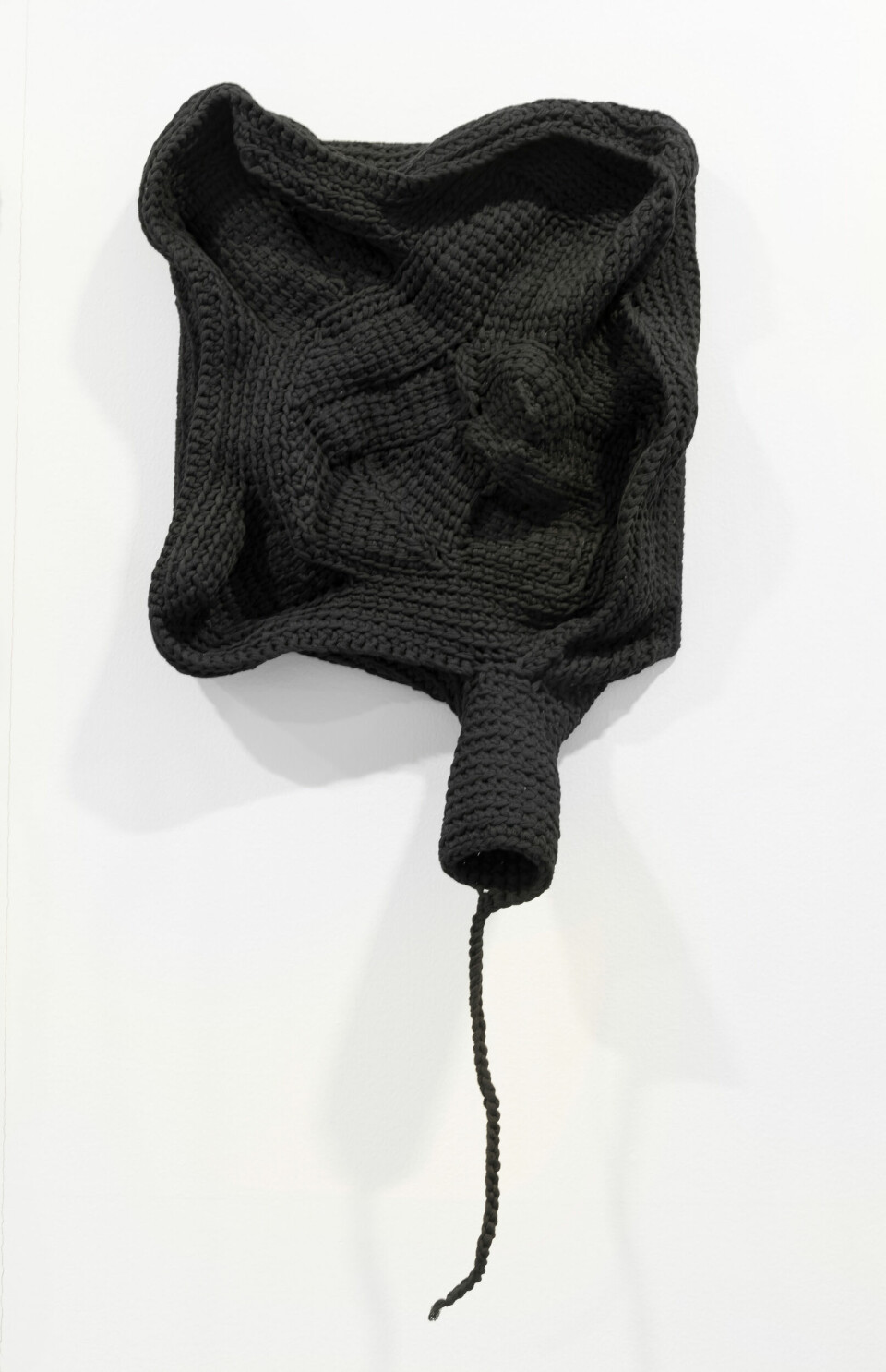 Leif Homstrand, fra serien Breeder Covers Clastoderma debaryanum: black, crocheted wall objects with individual slime mold-inspired subtitles. Foto: Øystein Thorvaldsen
