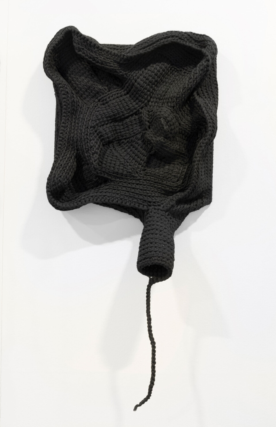Leif Homstrand, fra serien Breeder Covers Clastoderma debaryanum: black, crocheted wall objects with individual slime mold-inspired subtitles. Foto: Øystein Thorvaldsen Leif Homstrand, fra serien Breeder Covers Clastoderma debaryanum: black, crocheted wall objects with individual slime mold-inspired subtitles. Foto: Øystein Thorvaldsen