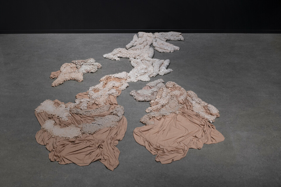 Daniela Bergschneider, A Moment Between, 2019. Ubrent leire og knyttet tekstil. Foto: Ingun A. Mæhlum Daniela Bergschneider, A Moment Between, 2019. Ubrent leire og knyttet tekstil. Foto: Ingun A. Mæhlum
