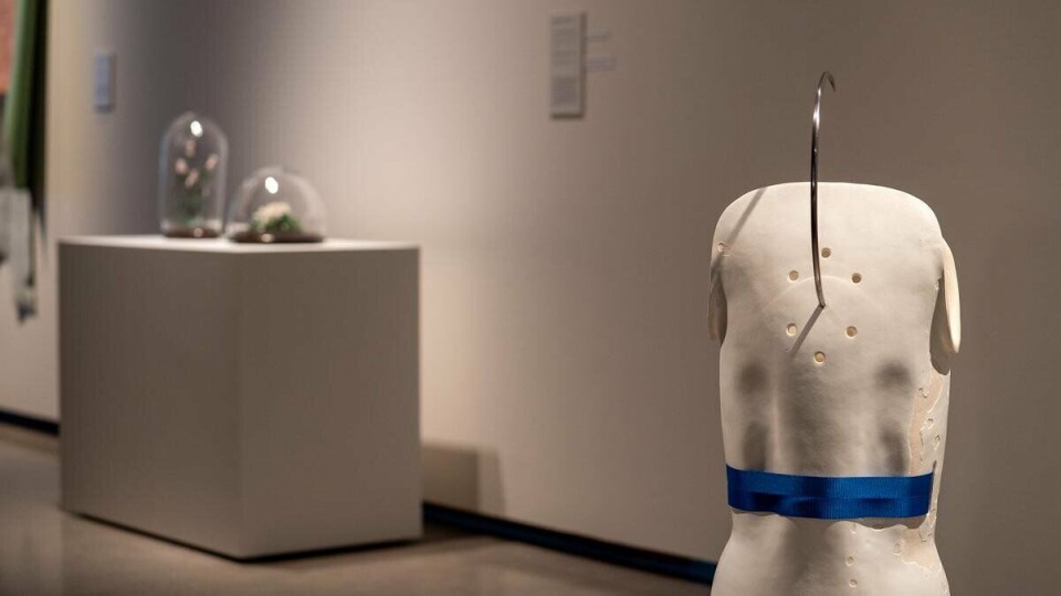 Linda Morell, Epidaurus, 2020. Glasert steingods, tekstil og stål. Foto: Nordnorsk Kunstmuseum Linda Morell, Epidaurus, 2020. Glasert steingods, tekstil og stål. Foto: Nordnorsk Kunstmuseum