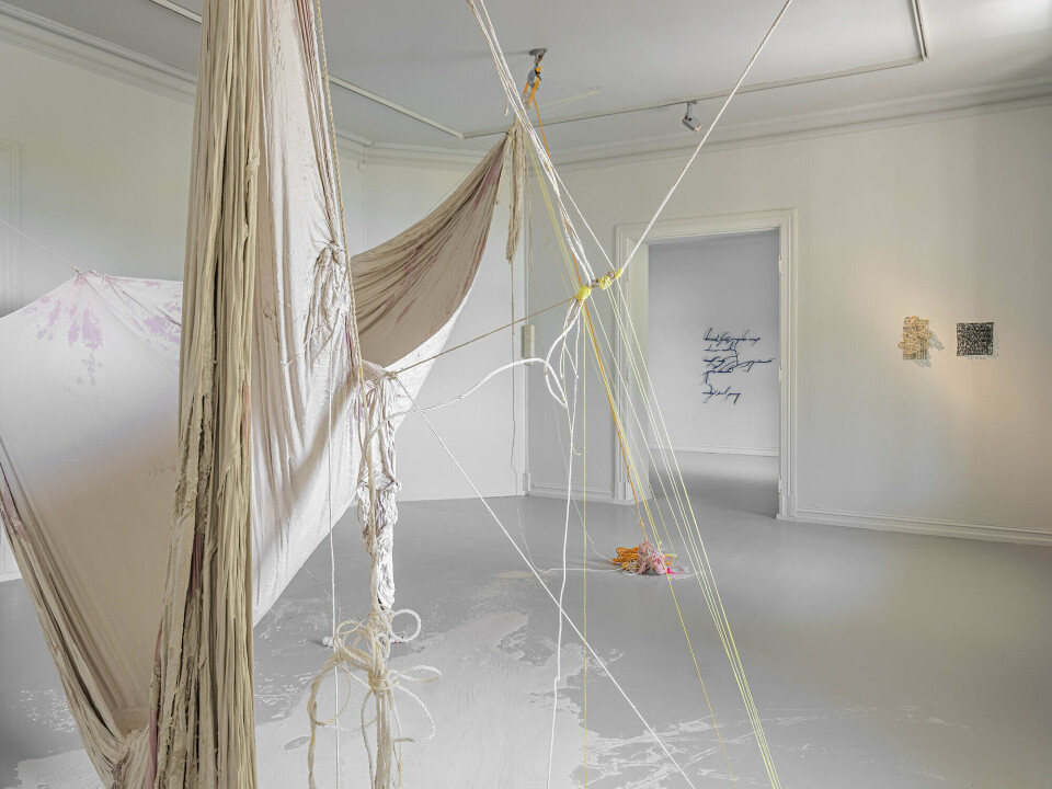 Hedvig Winge, Porcelain Piece, 2020. Porselensleire, tekstil, tau, taljer, spiker, kroker, trå, hyssing, snøre. Foto: Vegard Kleven Hedvig Winge, Porcelain Piece, 2020. Porselensleire, tekstil, tau, taljer, spiker, kroker, trå, hyssing, snøre. Foto: Vegard Kleven